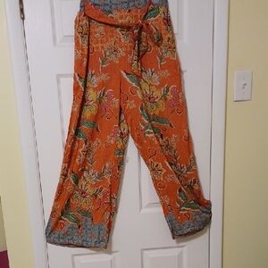 Angie Sz L, Floral Wide Leg Pants In Apricot, Green & Yellow. NWT
